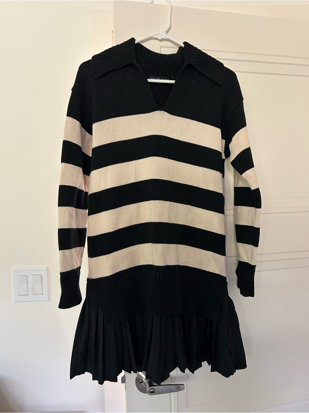 English Factory Women’s Black V‑Neck Sweater Dress with Cream Stripe